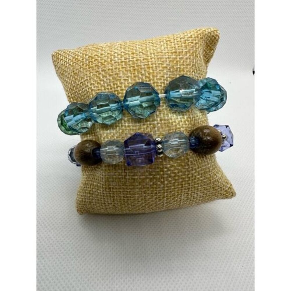 Faceted Blue Green Purple Stretch Bracelets Set With Wooden Beads & Silver Accen